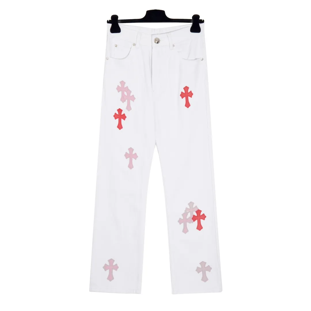 P210 [Next day] Chrome Heart Cross patchwork leather jeans Top heavy washing process Calfskin laser cut cross Distressed silver hardware Straight version slimming the upper body High-end quality distinguishes the market currency Color: White patchwork Size: S M L XL Detailed sizes can be found in picture 9